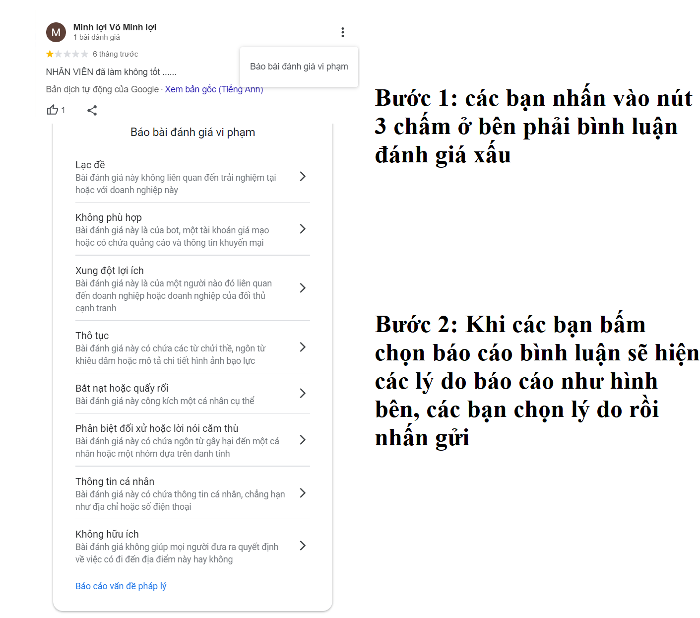 cách báo cáo đánh giá 1 sao trên Google Map