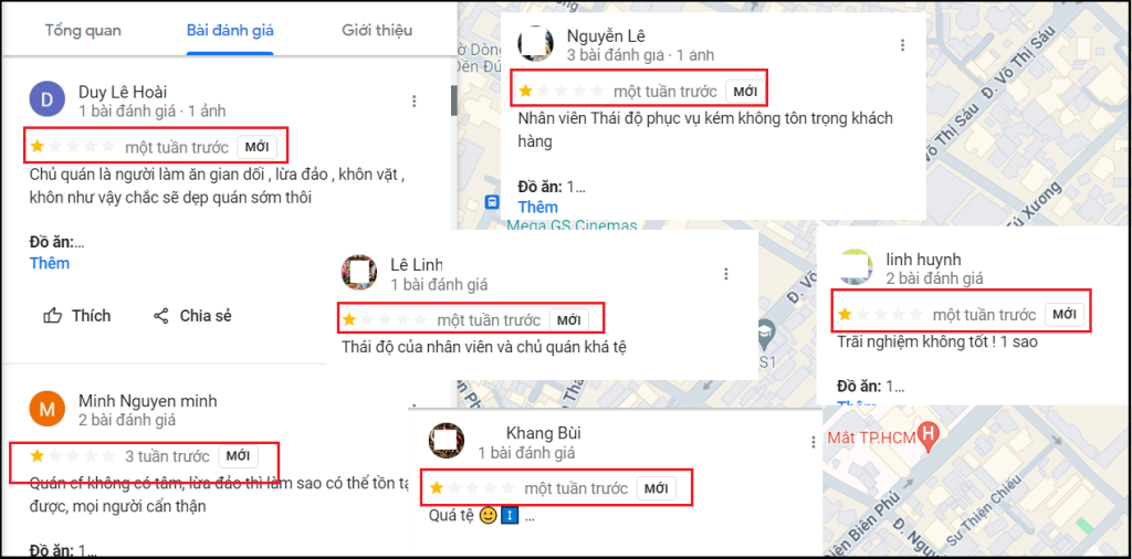 cửa hàng doanh nghiệp nhận đánh giá 1 sao review spam trên map