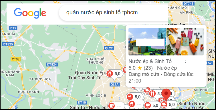 địa điểm quán nước ép sinh tố trên Google Map