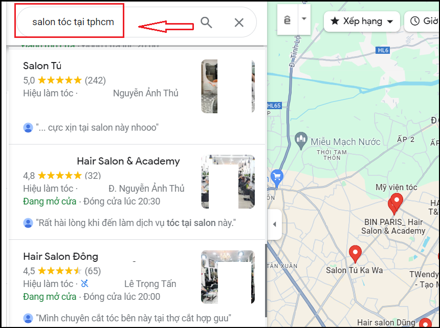 địa điểm salon tóc trên Google Map