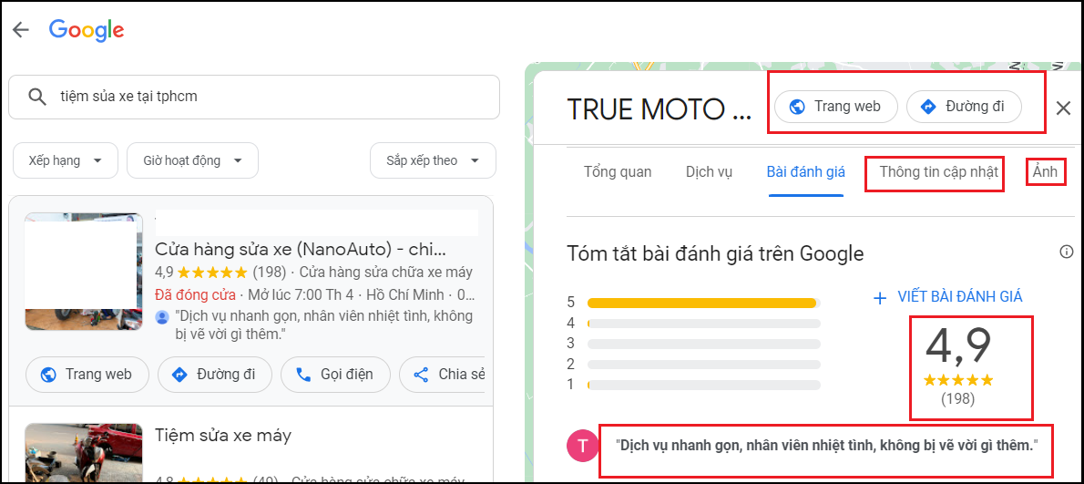 chăm sóc địa điểm google map tiệm sửa xe