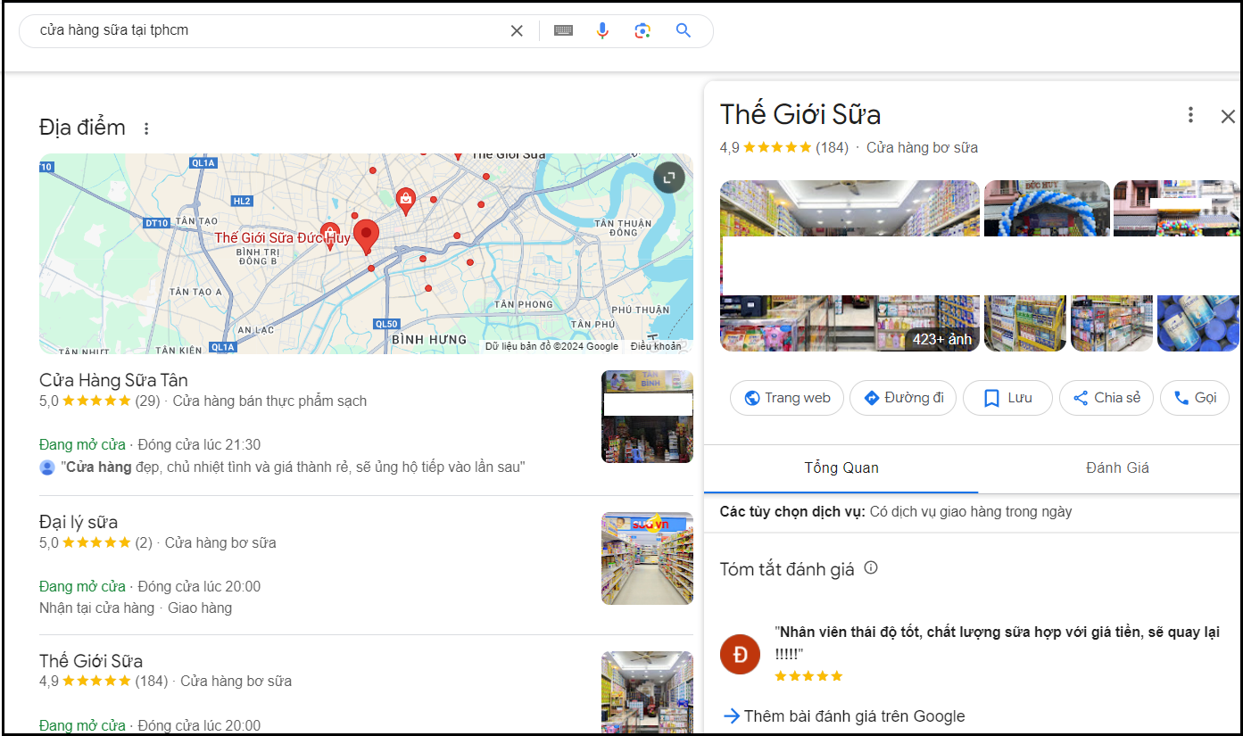 cửa hàng sữa trên Google Map