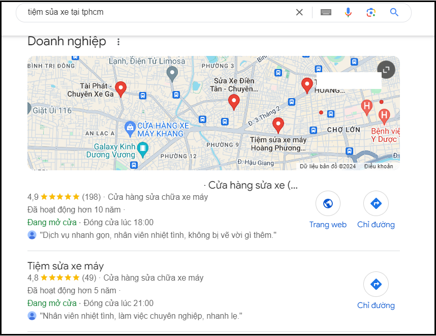 tiệm sửa xe trên google map