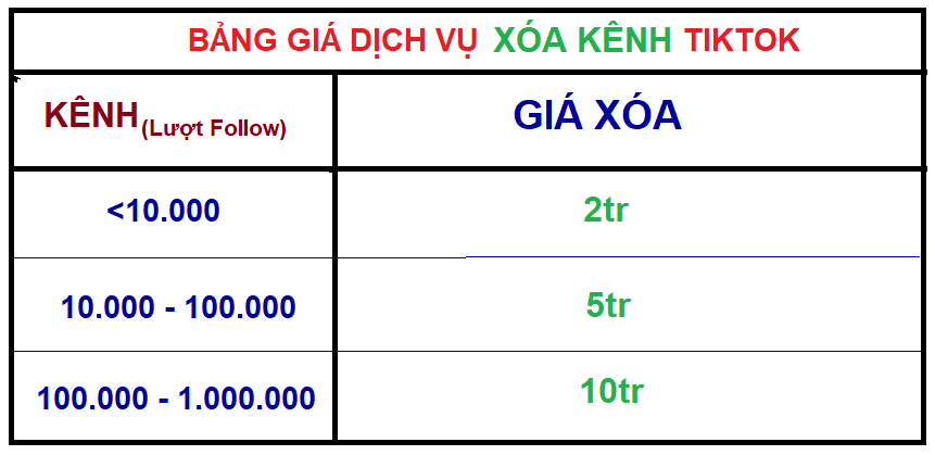 Bảng giá Dịch Vụ Xóa Kênh TikTok