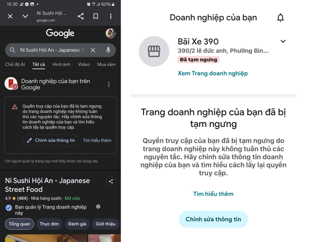 Google map bị tạm ngưng