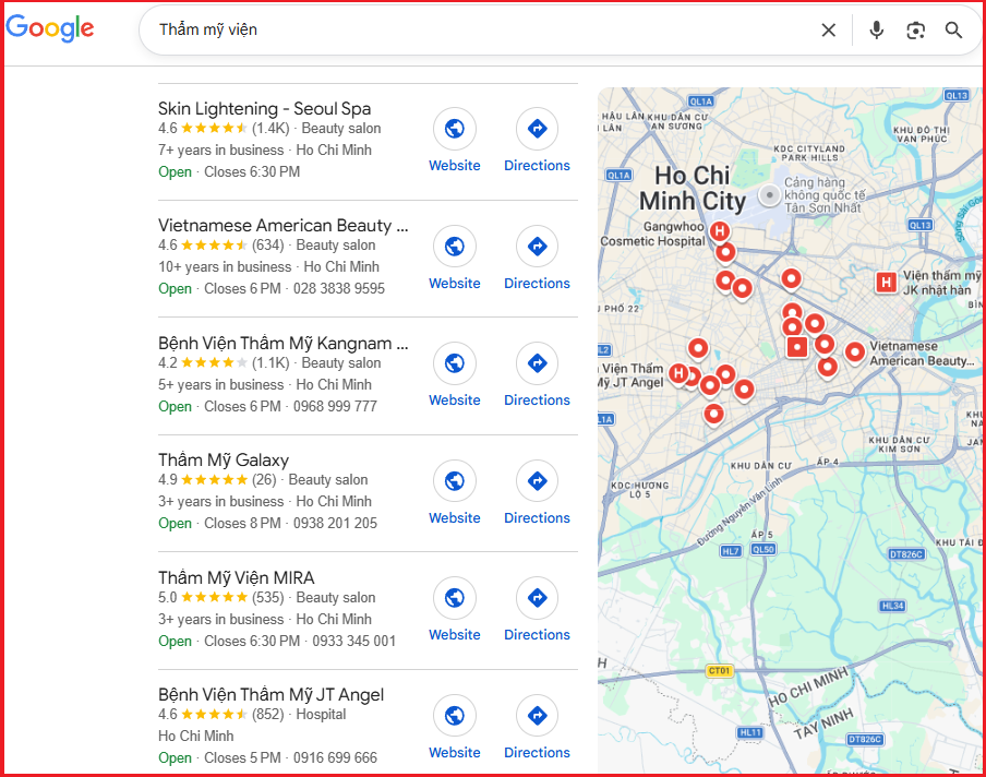 Thẩm mỹ viện trên google map
