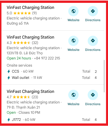 GOOLE MAP TRẠM SẠC VINFAST