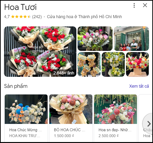 Địa điểm shop hoa tươi trên Google Map