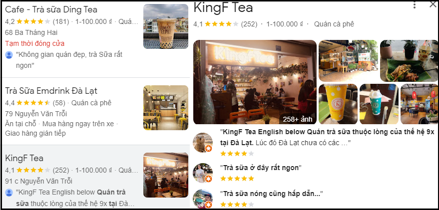 địa điểm quán trà sữa trên Google Map