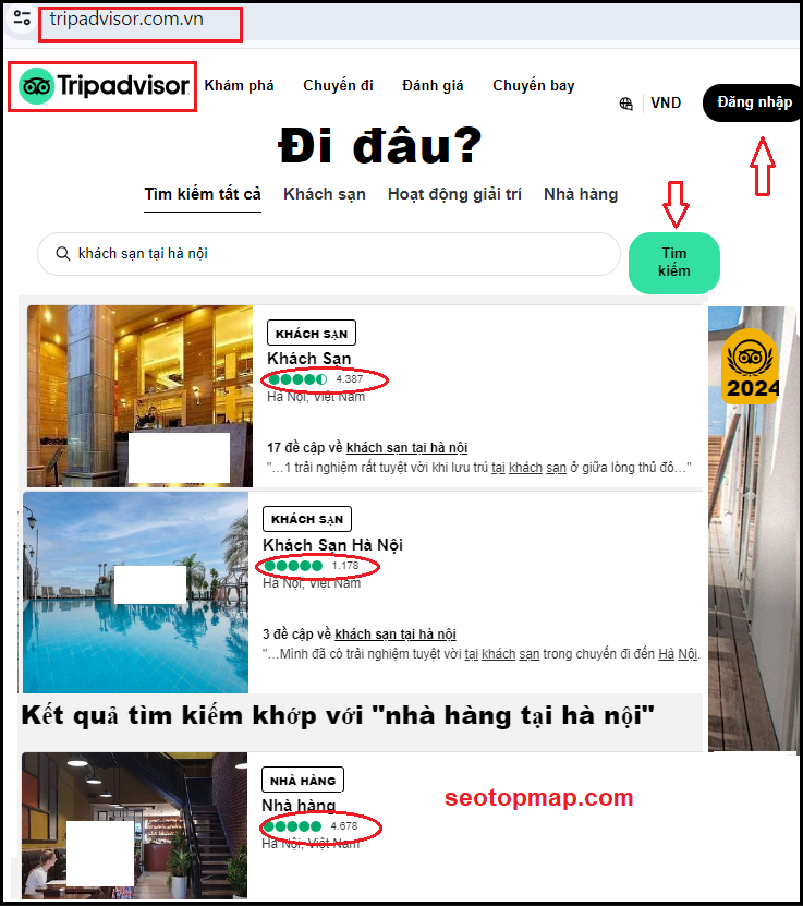 tìm kiếm địa điểm để đánh giá 5 sao trên TripAdvisor
